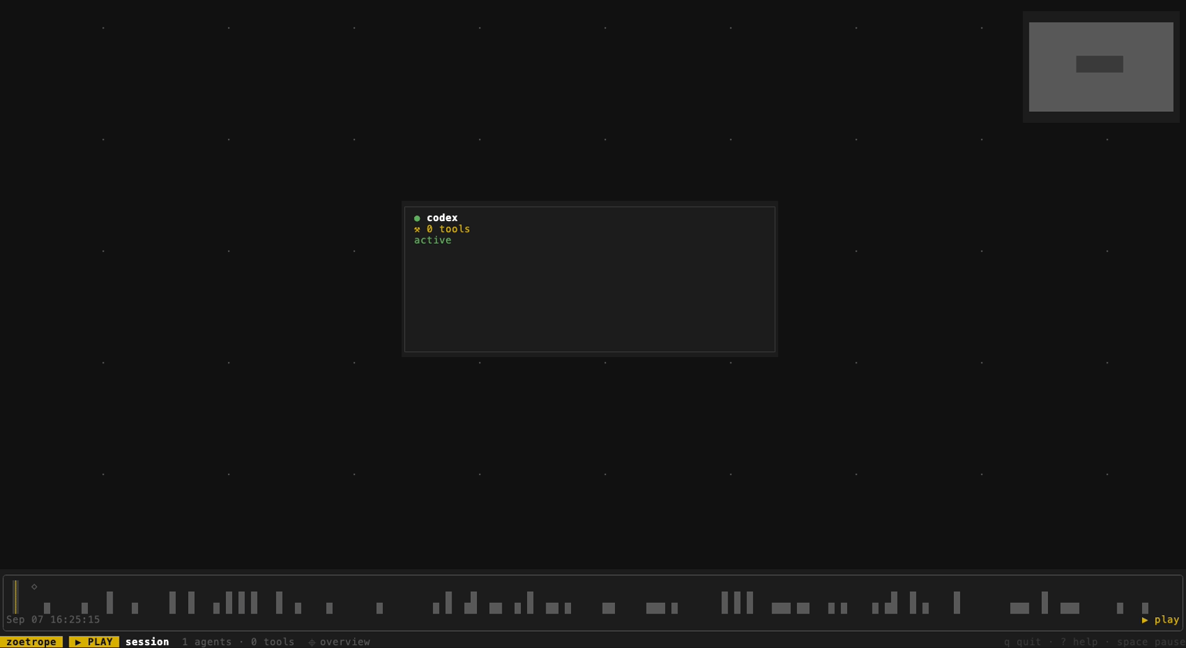 zoetrope replaying a Codex CLI session as a flow graph: the main agent and the four agents it spawned, with an agent's detail panel and the session info overlay