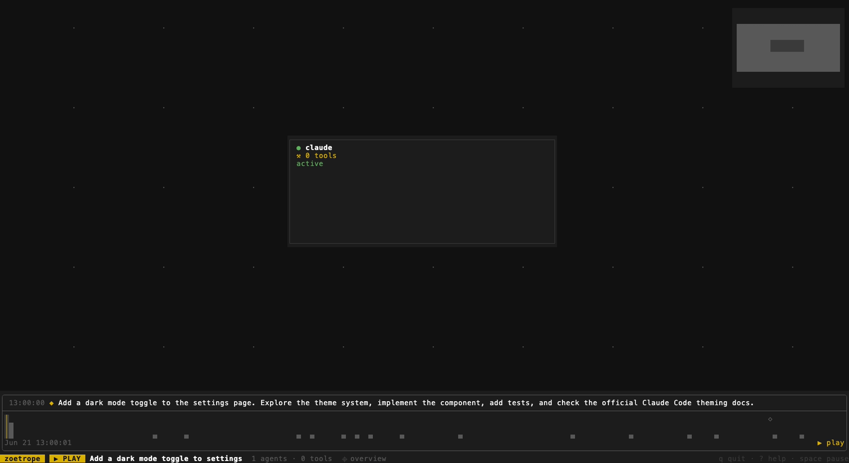 zoetrope replaying a Claude Code session as a flow graph, the whole tree in view