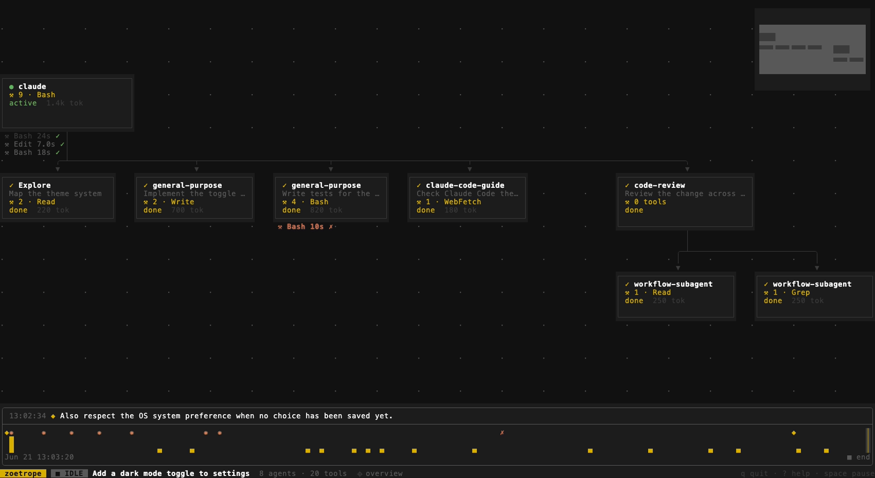 Panning, zooming, opening an agent's detail panel, and dragging the scrubber to time-travel
